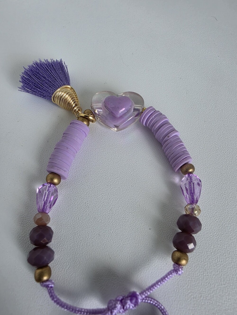Handmade Purple Beaded Bracelet Heart Charm Tassel Adjustable Boho Jewelry